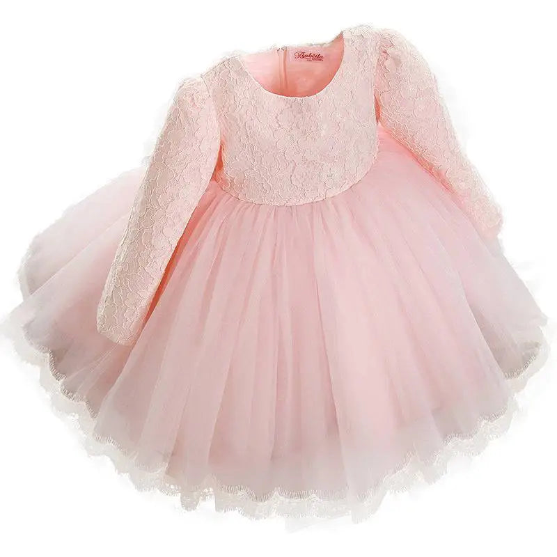 Pink Lace Princess Dress Girls Long Sleeve Tulle