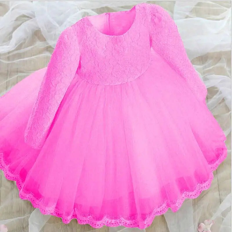 Pink Lace Princess Dress Girls Long Sleeve Tulle