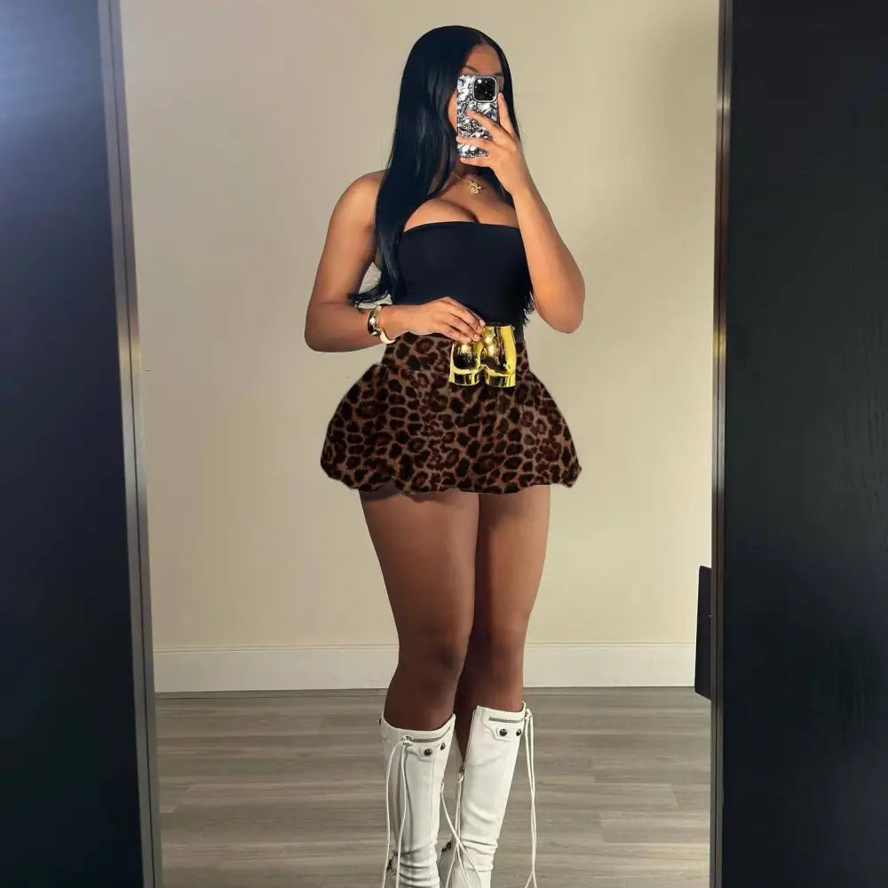 Pink Leopard Print Pleated Women Clothing Skirt