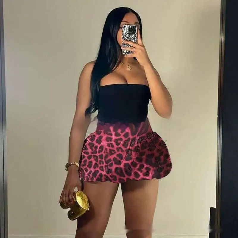 Pink Leopard Print Pleated Women Clothing Skirt