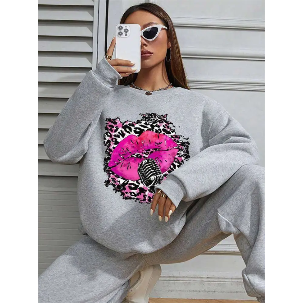 Pink Lips Graphic Crew Neck Sweatshirt