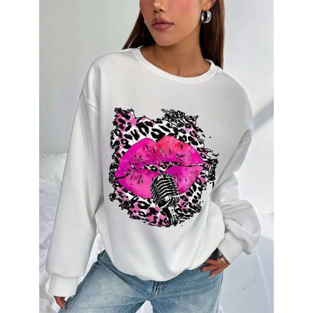 Pink Lips Graphic Crew Neck Sweatshirt