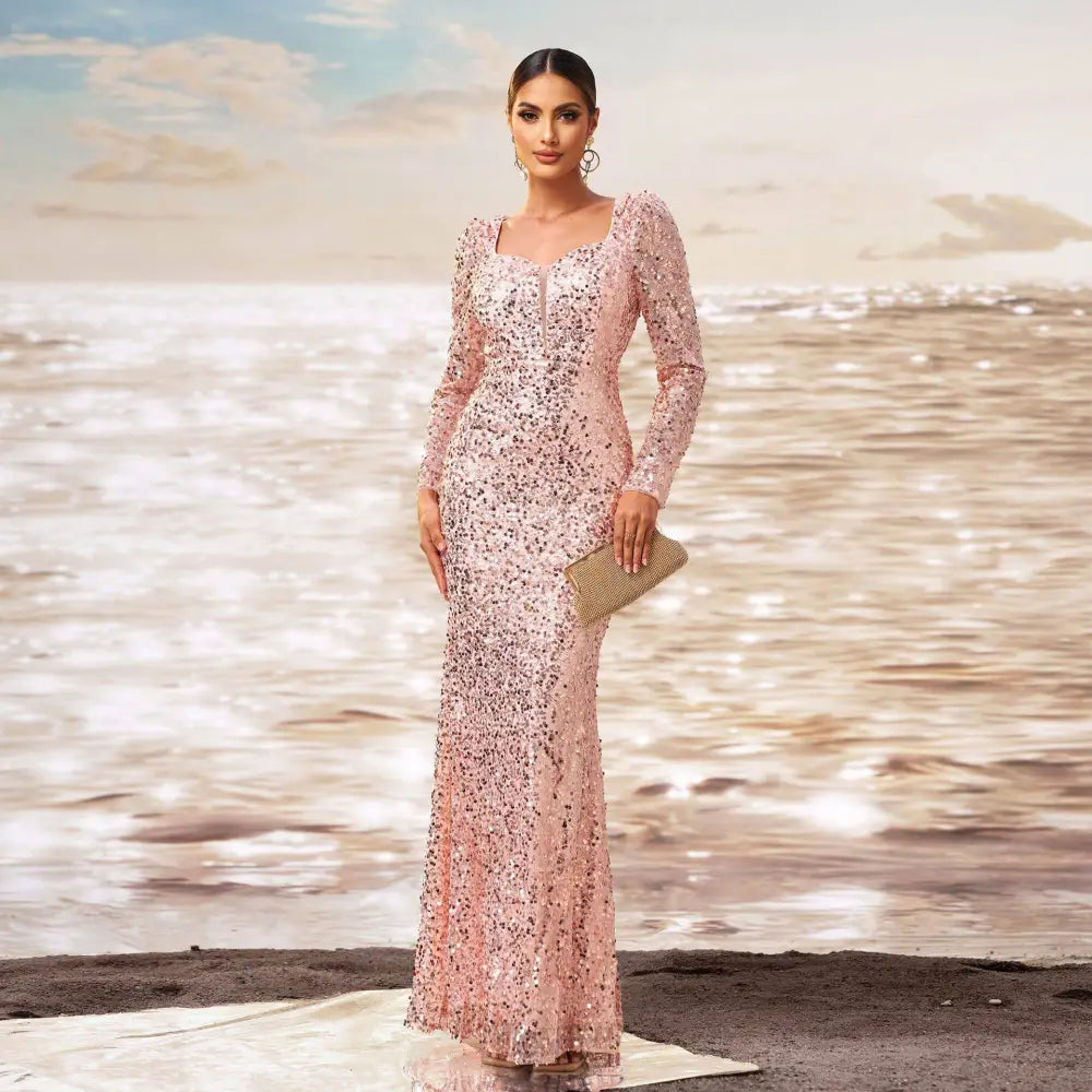 Pink Long Sleeve Sequined Sheath Fishtail Evening Dress
