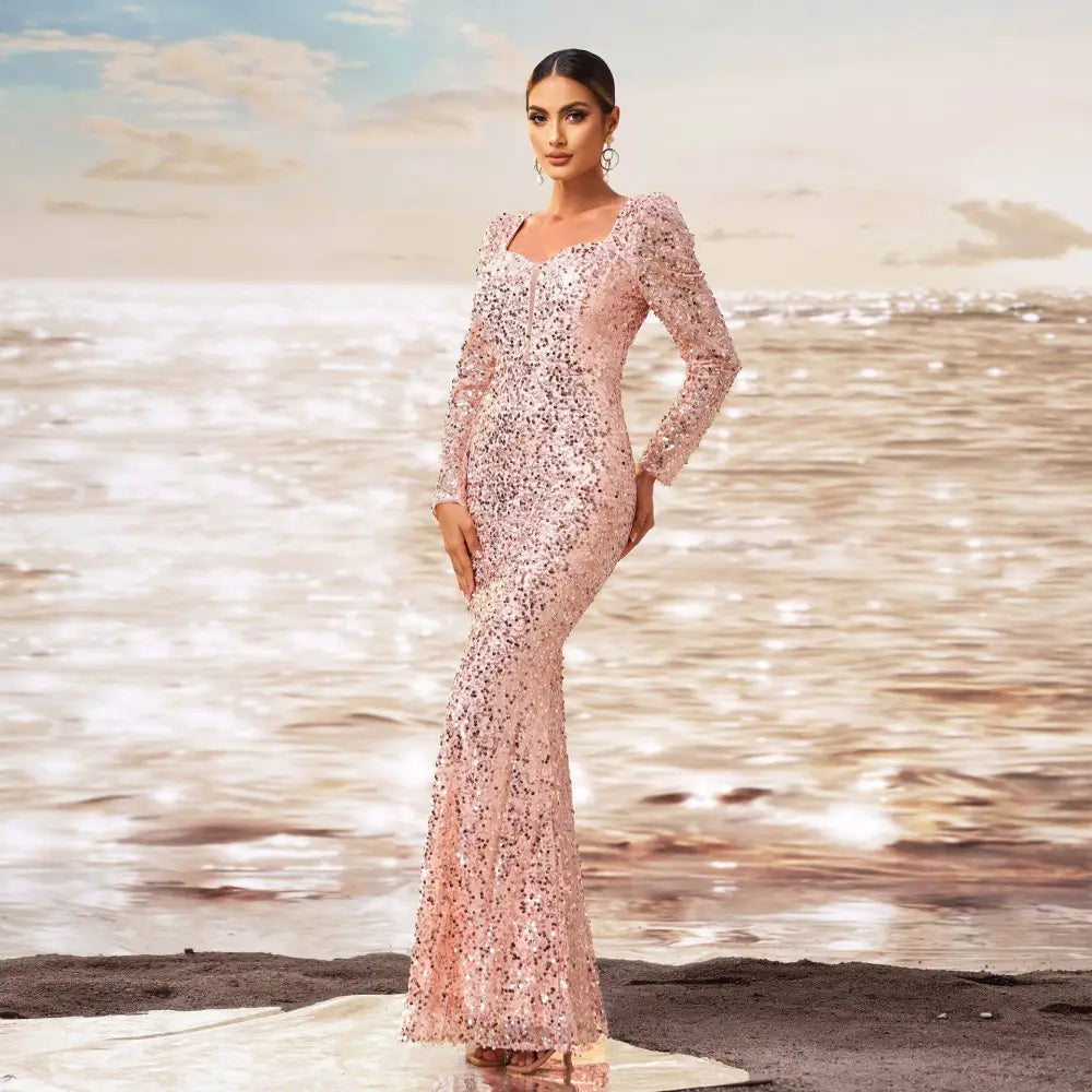 Pink Long Sleeve Sequined Sheath Fishtail Evening Dress