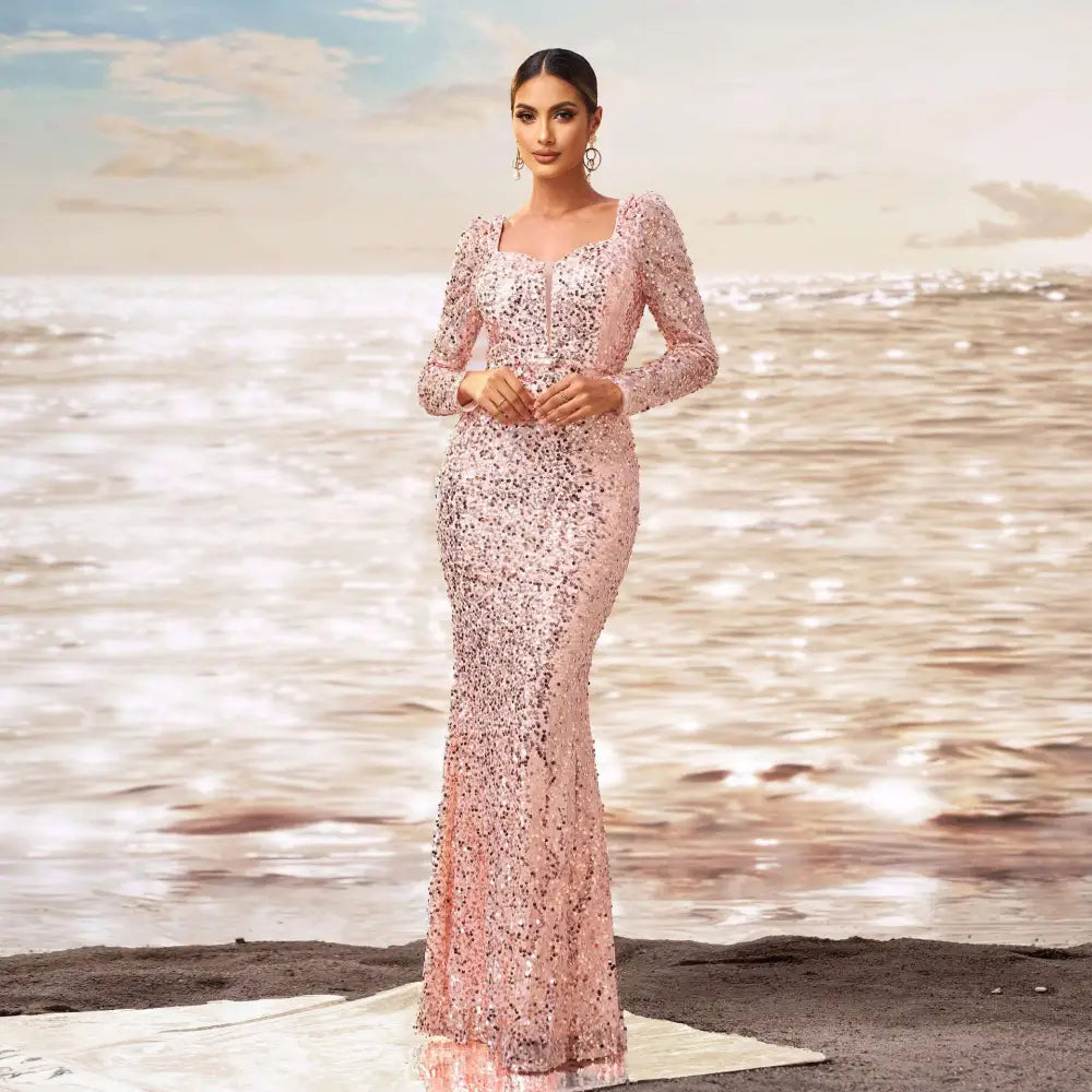 Pink Long Sleeve Sequined Sheath Fishtail Evening Dress