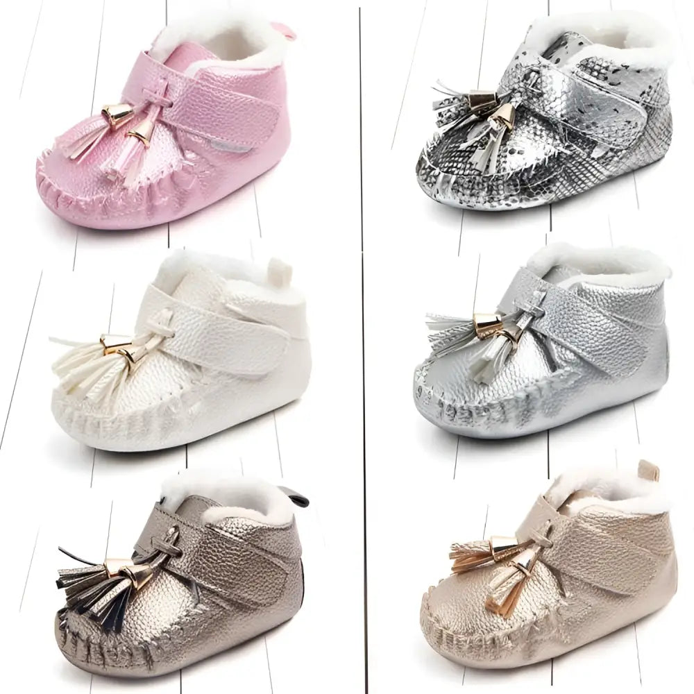 Pink Metallic Tassel Baby Shoes with Fur Lining