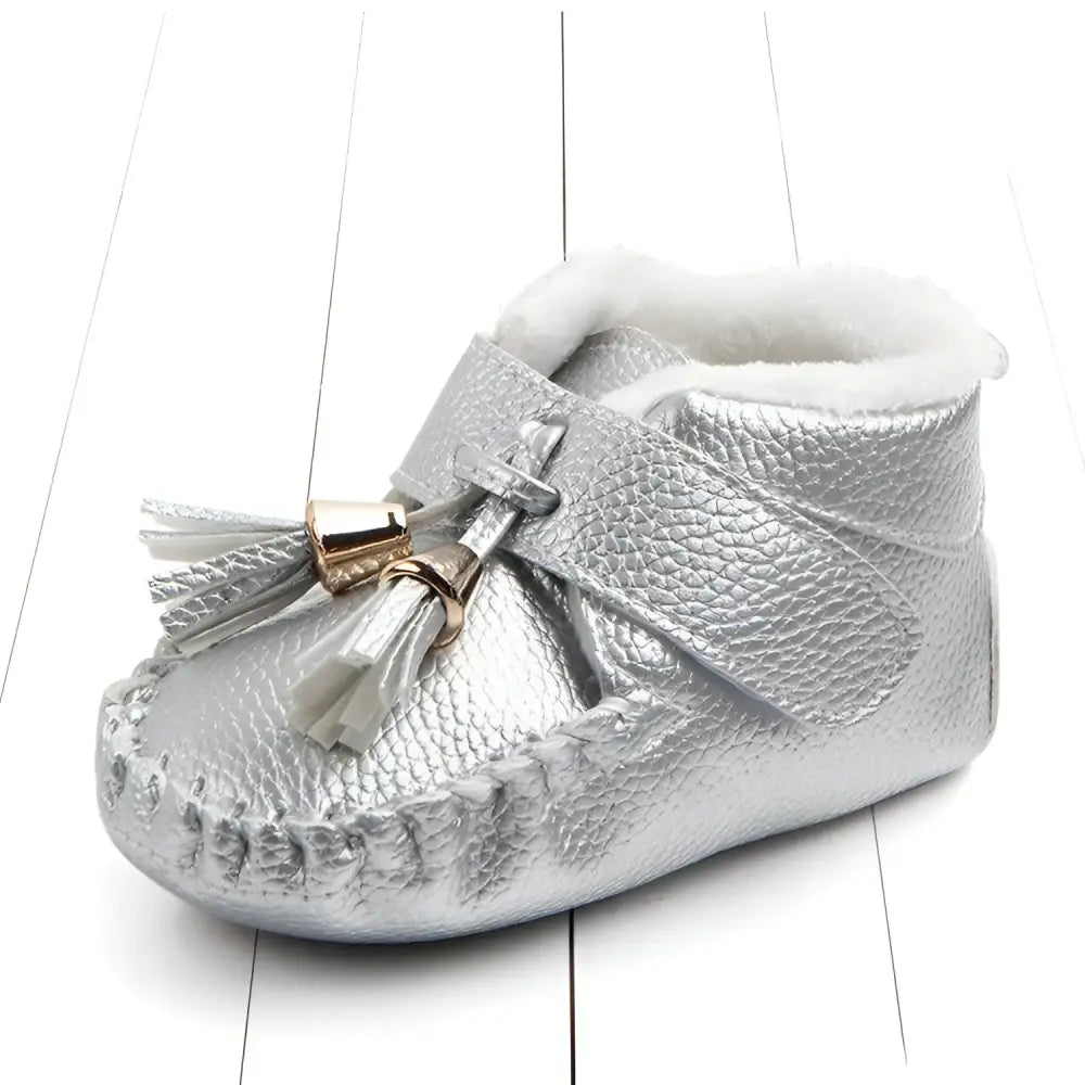 Pink Metallic Tassel Baby Shoes with Fur Lining