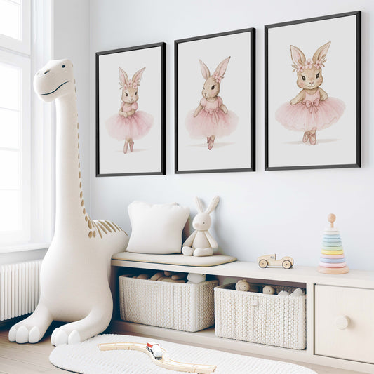 Pink Nursery Wall Art – Bunny Ballerina Set (3 Prints)