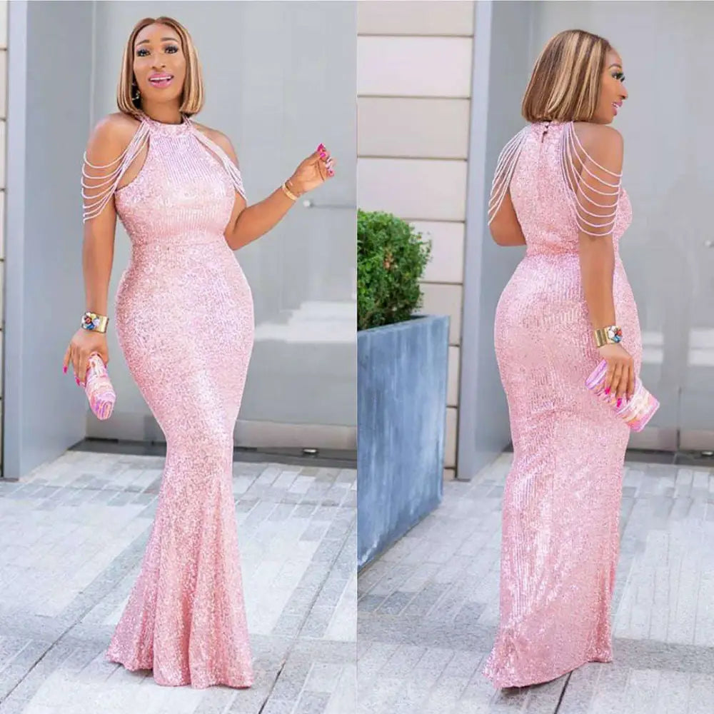 Pink Sequin African Ladies Quality High Stretch Dress