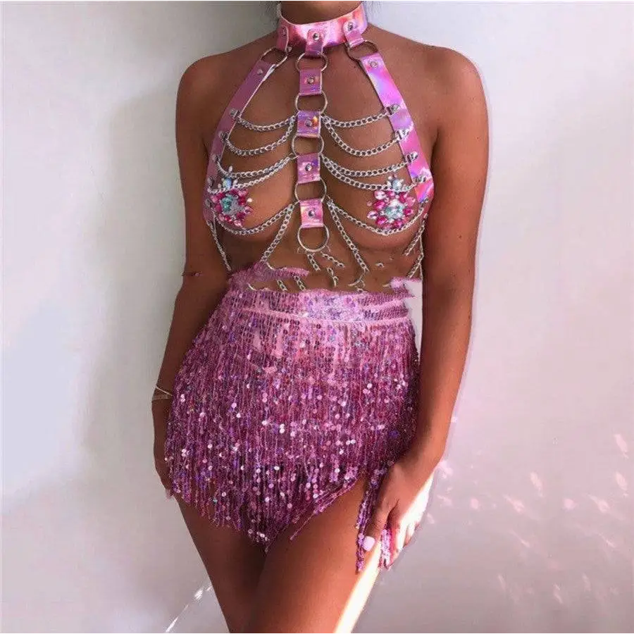 Pink Sequined Fringe Night Club Stage Dress Woman