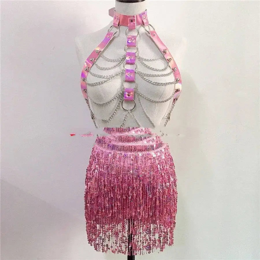 Pink Sequined Fringe Night Club Stage Dress Woman
