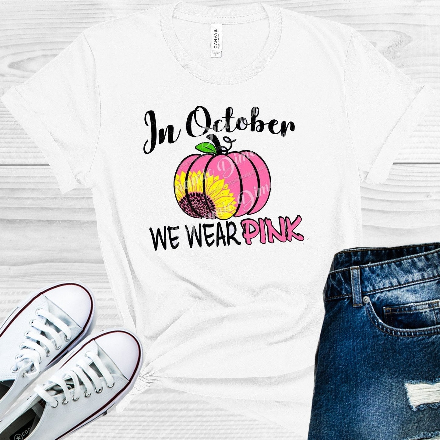 In October We Wear Pink Breast Cancer Awareness Graphic Tee