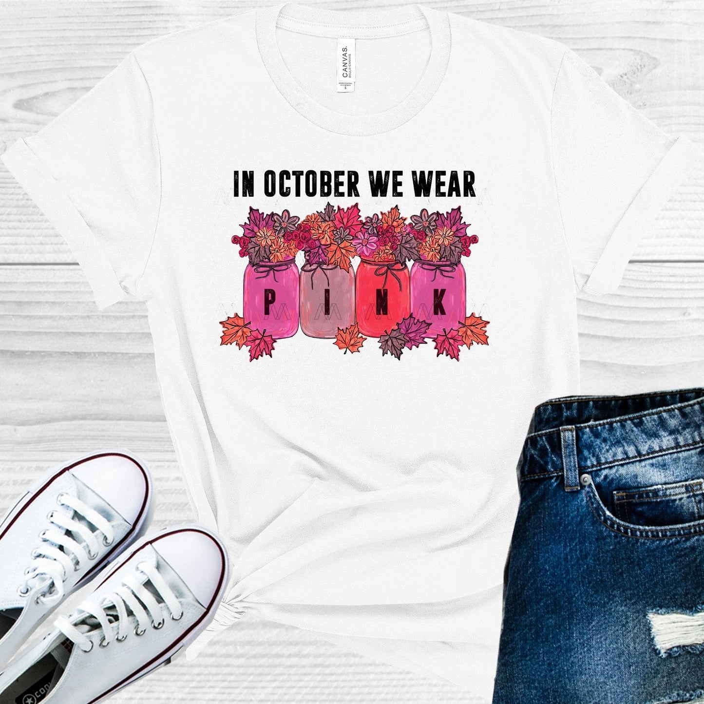 In October We Wear Pink Breast Cancer Awareness Graphic Tee