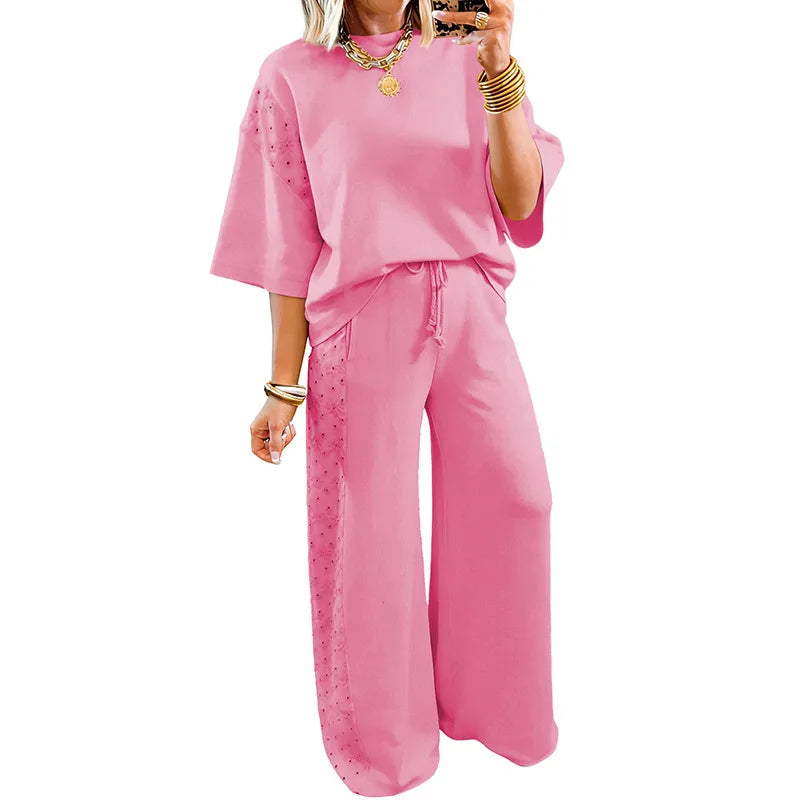 Solid Color Casual Pant Co-ord Set in Simple Style Cotton Fabric with Hollow Out Craft, 2 Pieces Set
