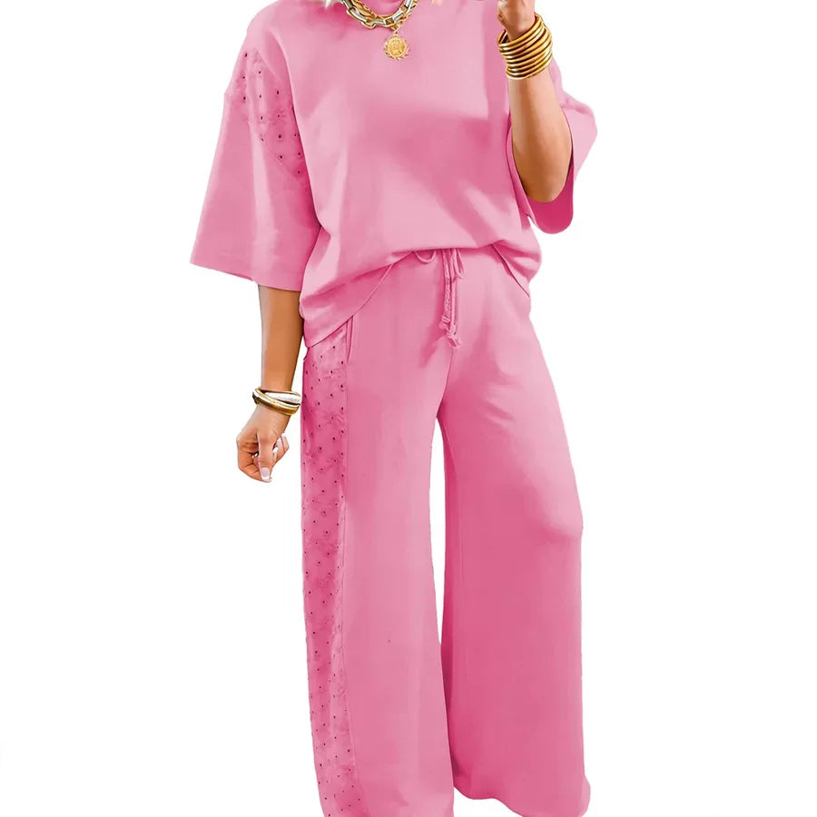 pink Solid Color Casual Pant Co-ord Set in Simple Style Cotton Fabric with Hollow Out Craft, 2 Pieces Set pink