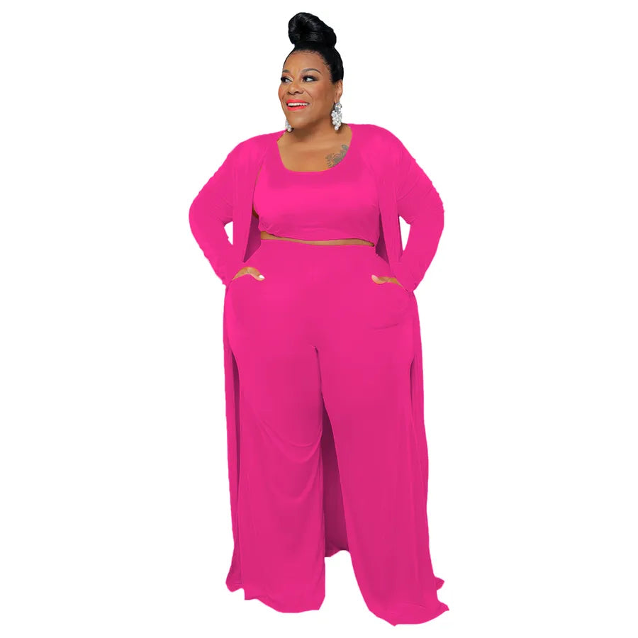 pink women's casual solid color spandex polyester pants sets plus size