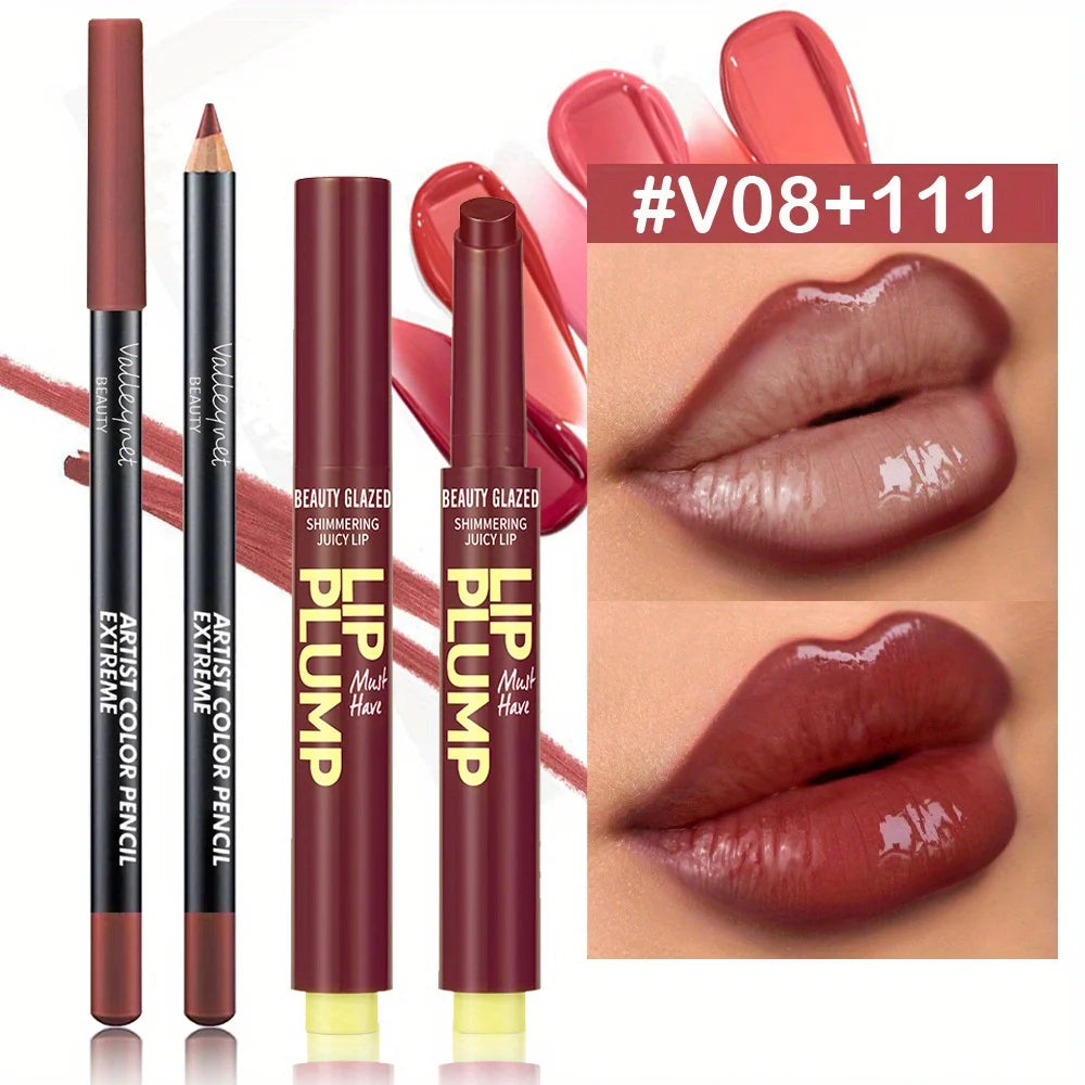 Lip makeup products including lip plump and pencil with close-up of lips wearing the product.