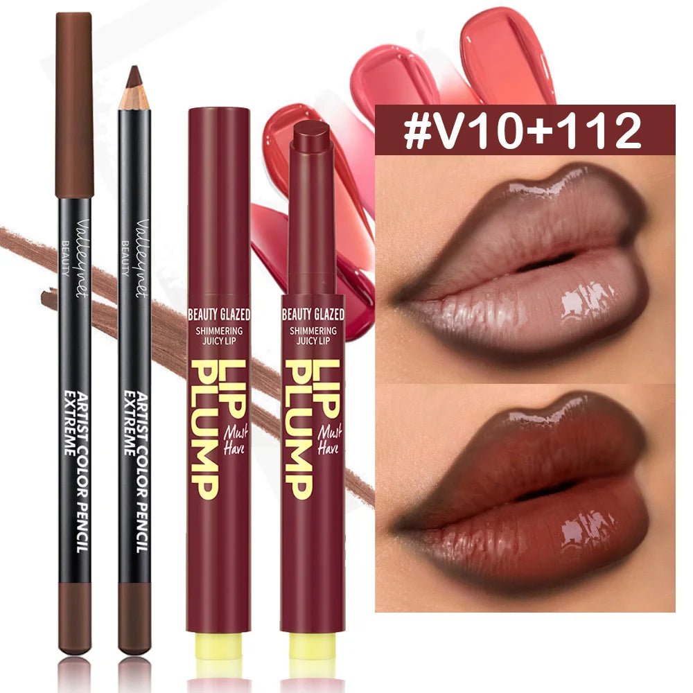 Lip makeup products including lip pencils and lip plump with close-up of lips wearing the product.