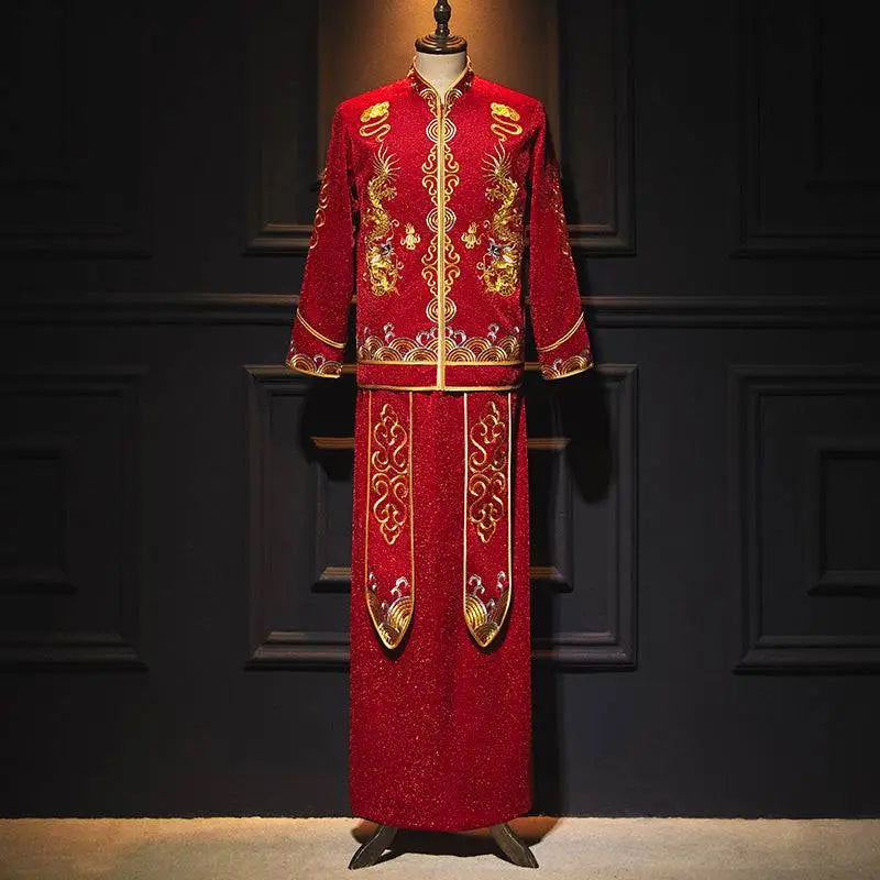 Plus Size Red Dragon Embroidery Slimming Toast Dress