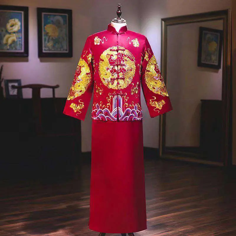 Plus Size Red Dragon Embroidery Slimming Toast Dress