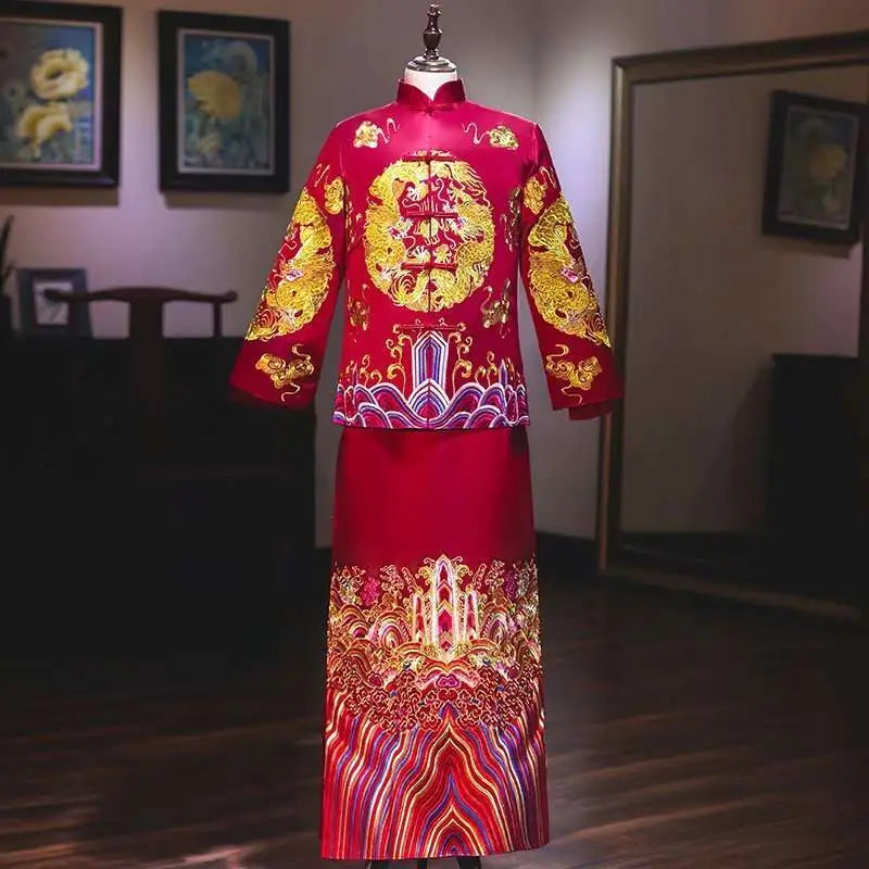 Plus Size Red Dragon Embroidery Slimming Toast Dress