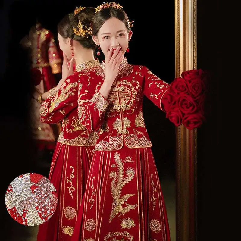 Plus Size Red Dragon Embroidery Slimming Toast Dress