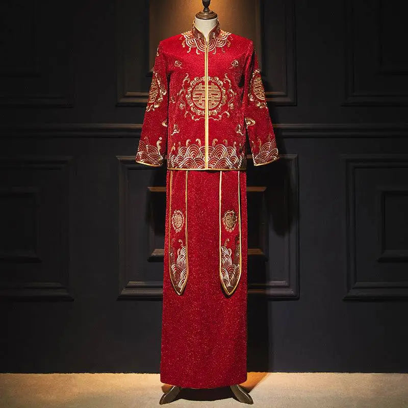 Plus Size Red Dragon Embroidery Slimming Toast Dress