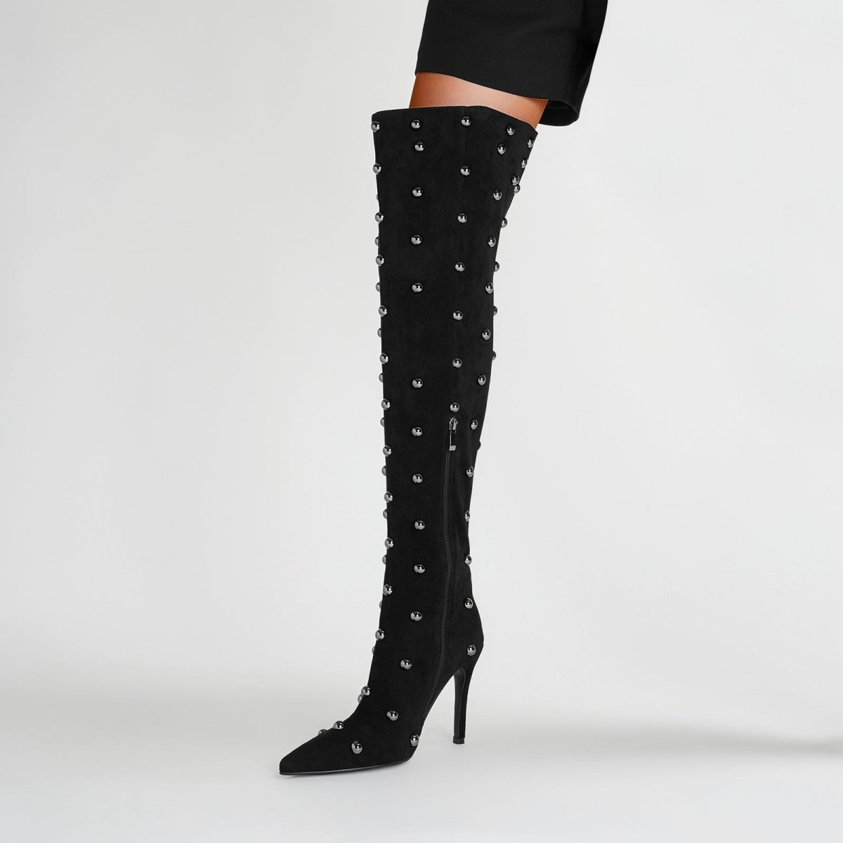 Pointed Toe Bead Rivet Knee High Boots-1