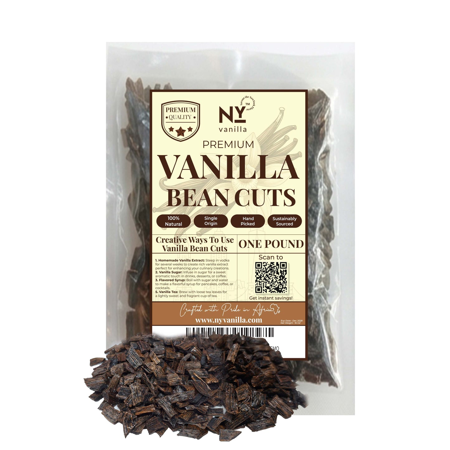 Premium Vanilla Bean Cuts - 1 lb. From Whole Vanilla Beans Grade B | Cut and Sorted for Easy Use