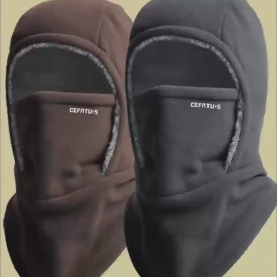 Winter fleece hooded face mask with thermal lining, windproof cold-weather balaclava scarf and full head cover in black and brown colors.