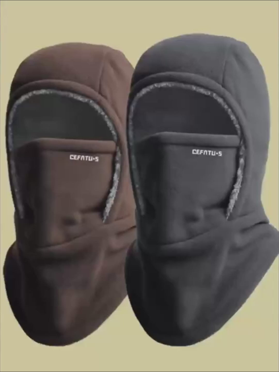 Winter fleece hooded face mask with thermal lining, windproof cold-weather balaclava scarf and full head cover in black and brown colors.