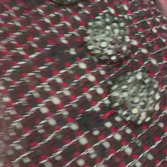 Discover effortless sophistication with this Karl Lagerfeld Paris metallic tweed blazer in burgundy. Featuring crystal buttons, fringe trim, and timeless tailored styling perfect for work, holidays, and special occasions.