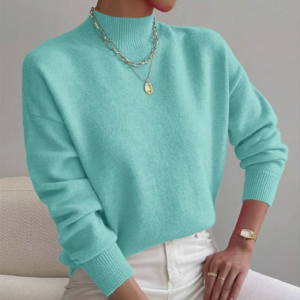 Women's Pullover Sweater Casual Solid Color Mid-high Neck Long-sleeved Knitted Tops Clothing