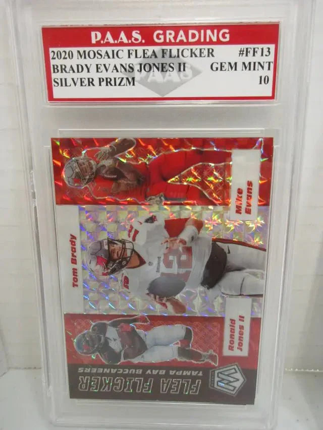 Tom Brady, Evans, Jones II 2020 Mosaic Flea Flicker Silver Prizm #FF13 graded PAAS Gem Mint 10
