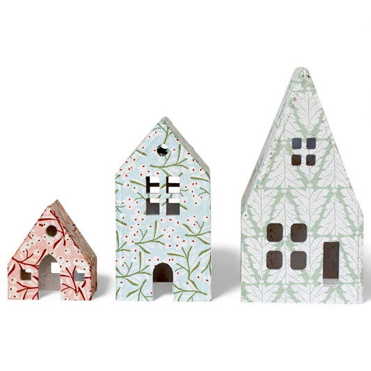 Paper Mache Houses with Christmas Berry & Tree Patterns