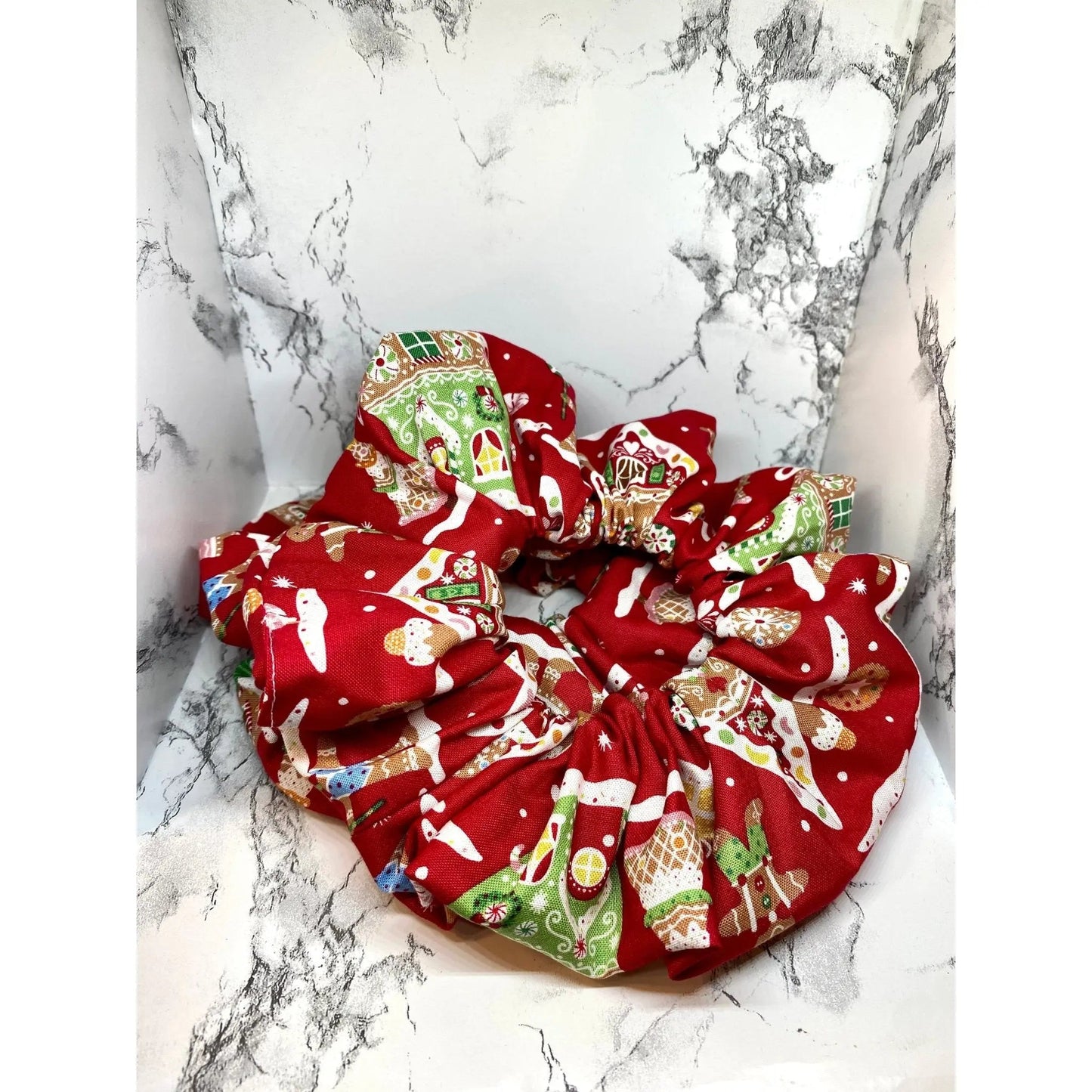 Red Gingerbread House Christmas Scrunchie