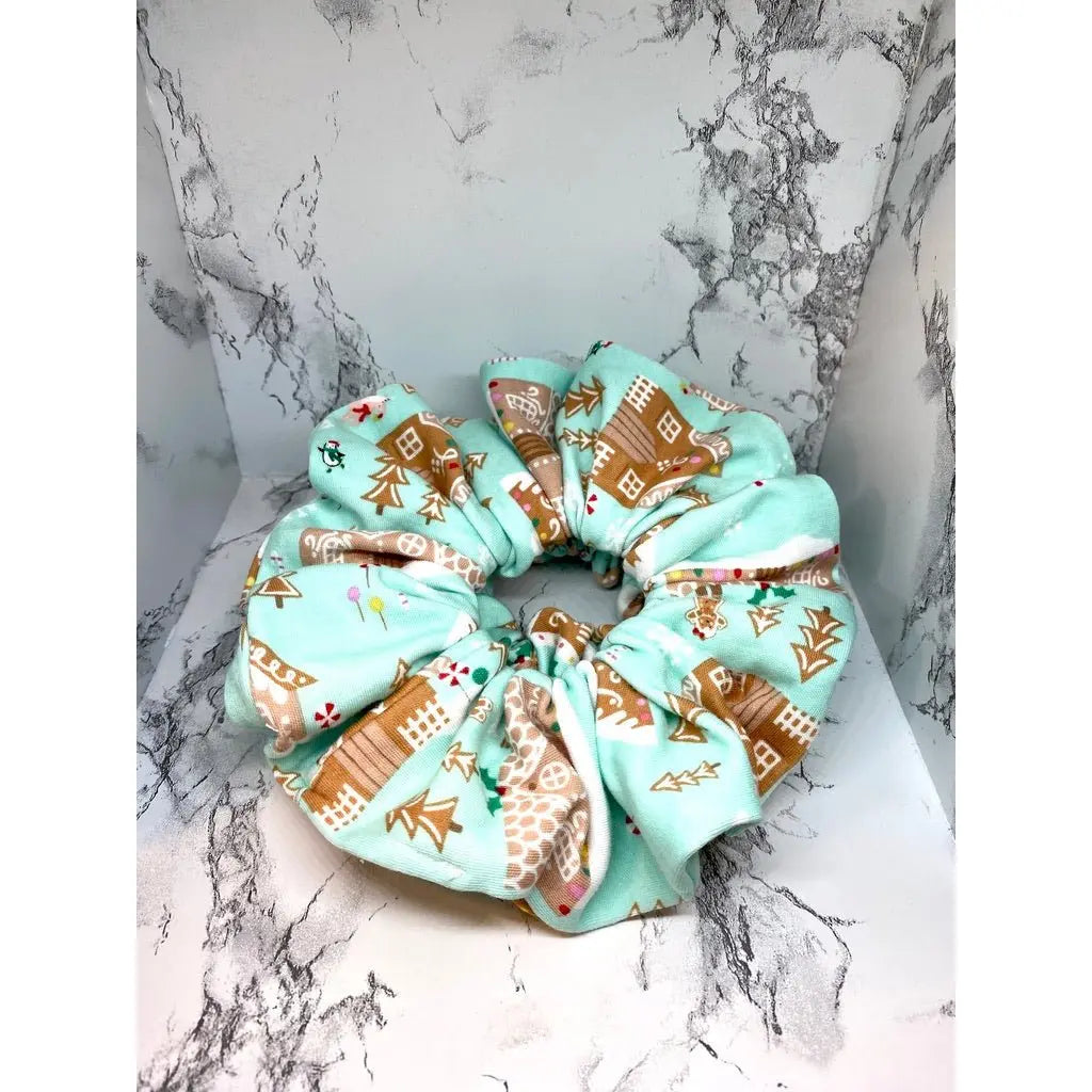 Blue Gingerbread House Christmas Scrunchie