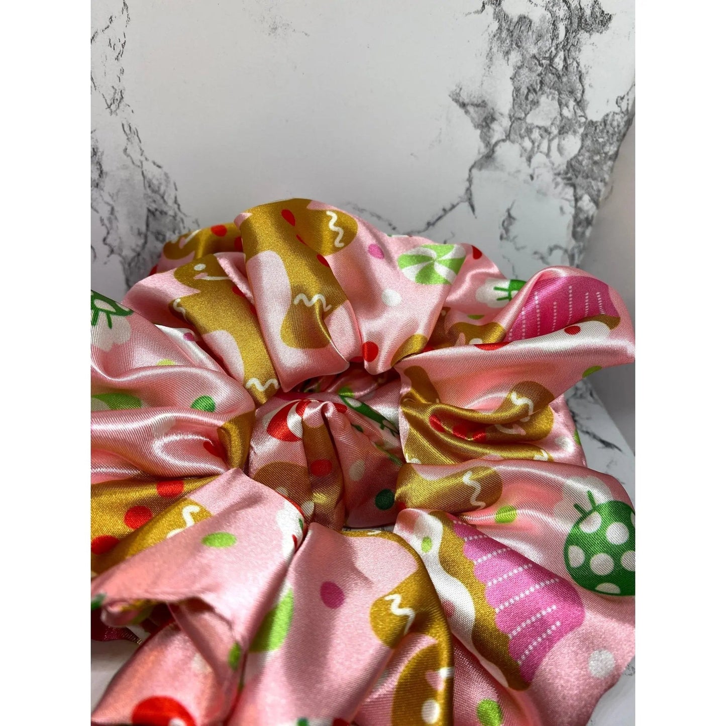 Pink Gingerbread Silk Christmas Scrunchie