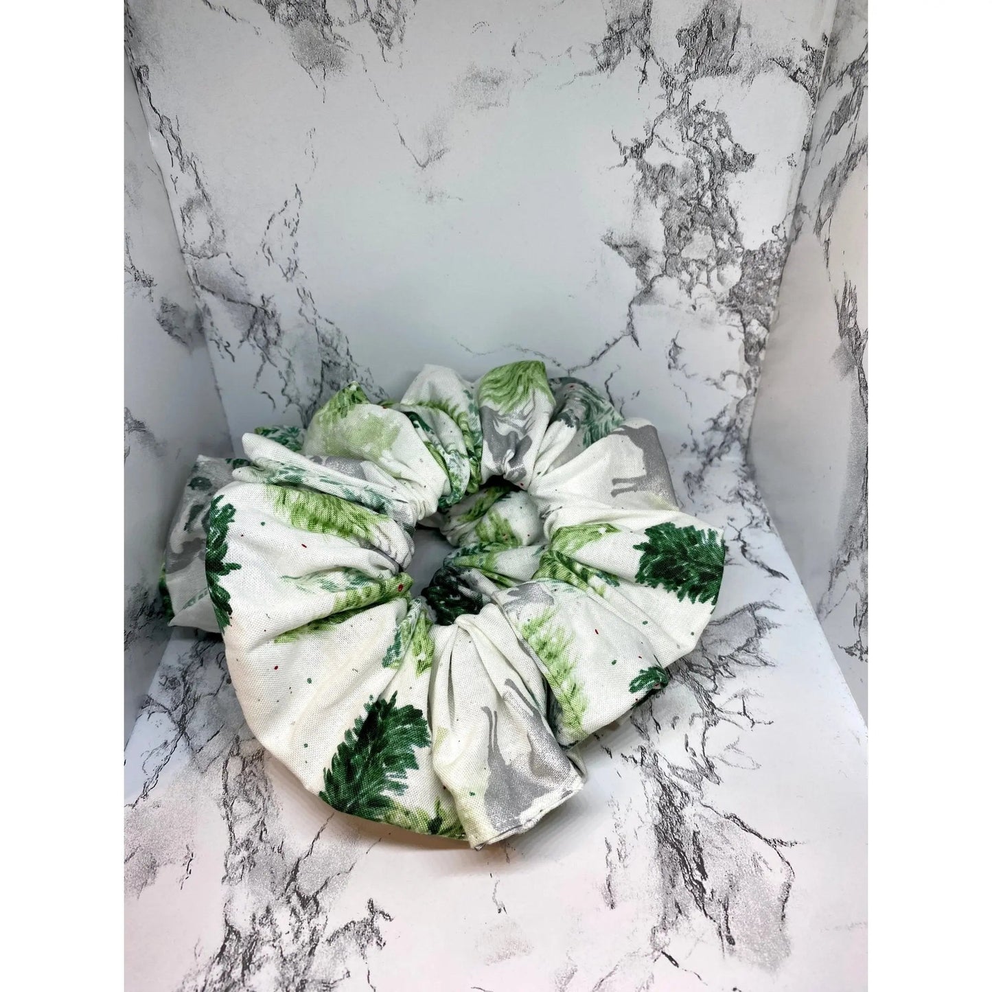 Silver Reindeer and Christmas Trees Scrunchie