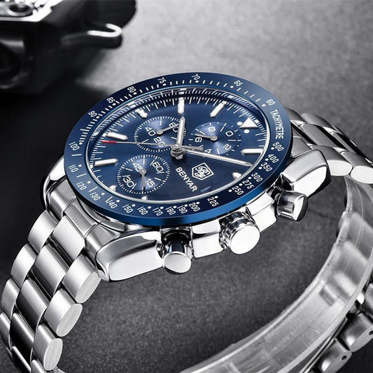 New Men Silver Blue Watch Business Analog Chronogragh Full Steel Luxury Casual Male Waterproof Sports Design Watches