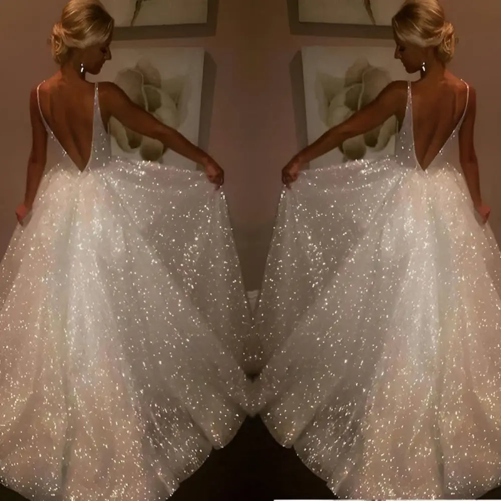 Pure White Sequined V-Neck Wedding Evening Dress