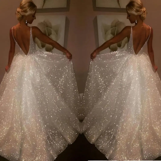 Pure White Sequined V-Neck Wedding Evening Dress