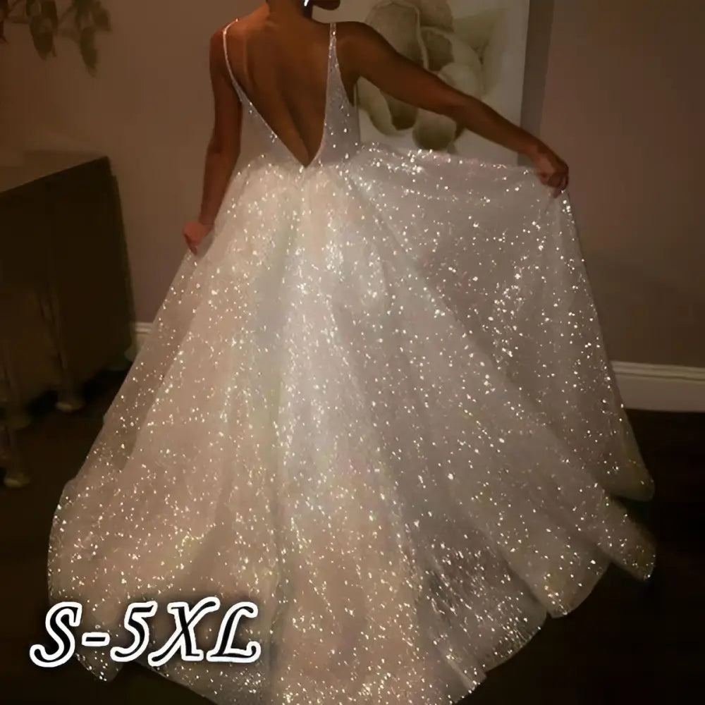Pure White Sequined V-Neck Wedding Evening Dress