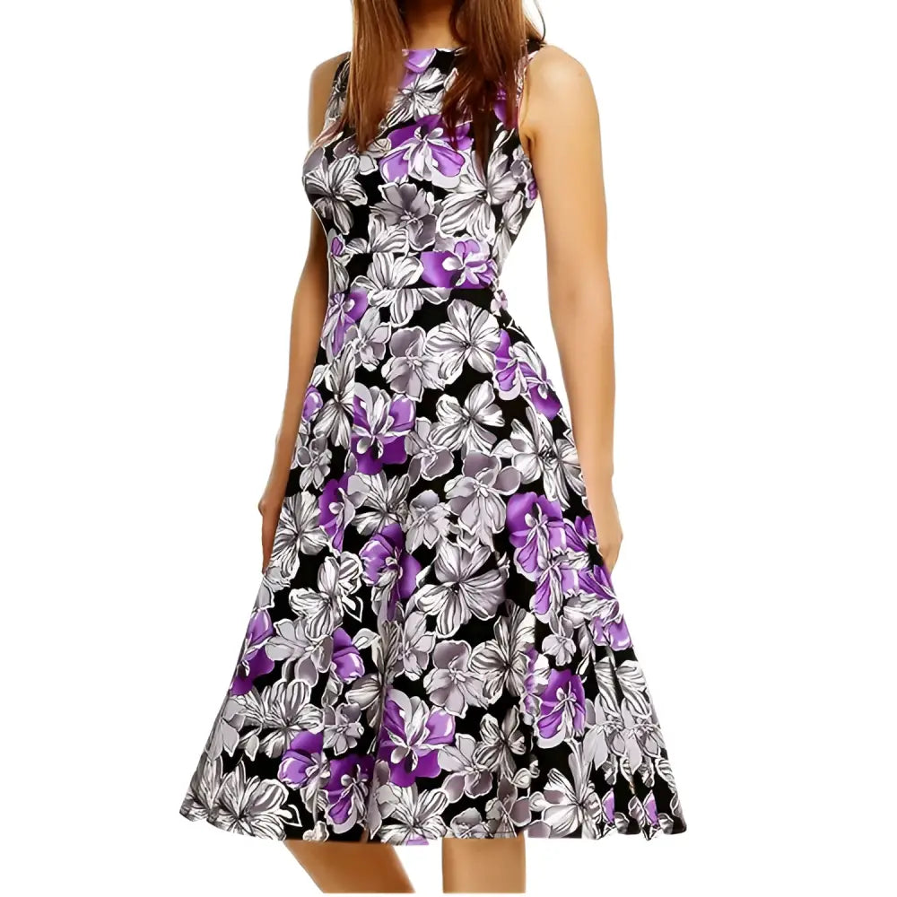 Purple Floral Sleeveless Vintage Print Dress