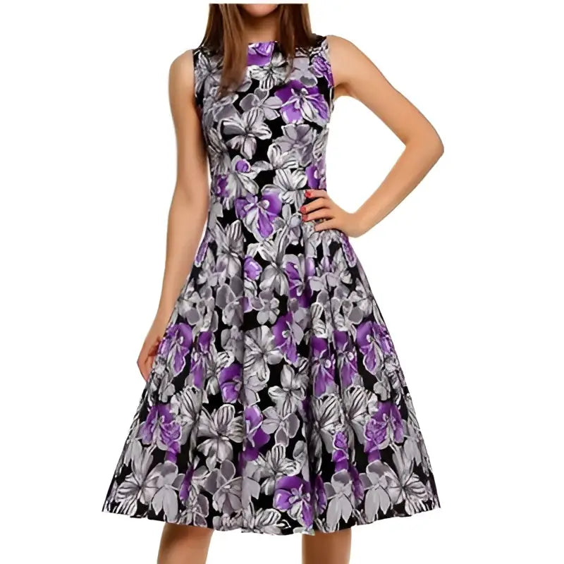 Purple Floral Sleeveless Vintage Print Dress