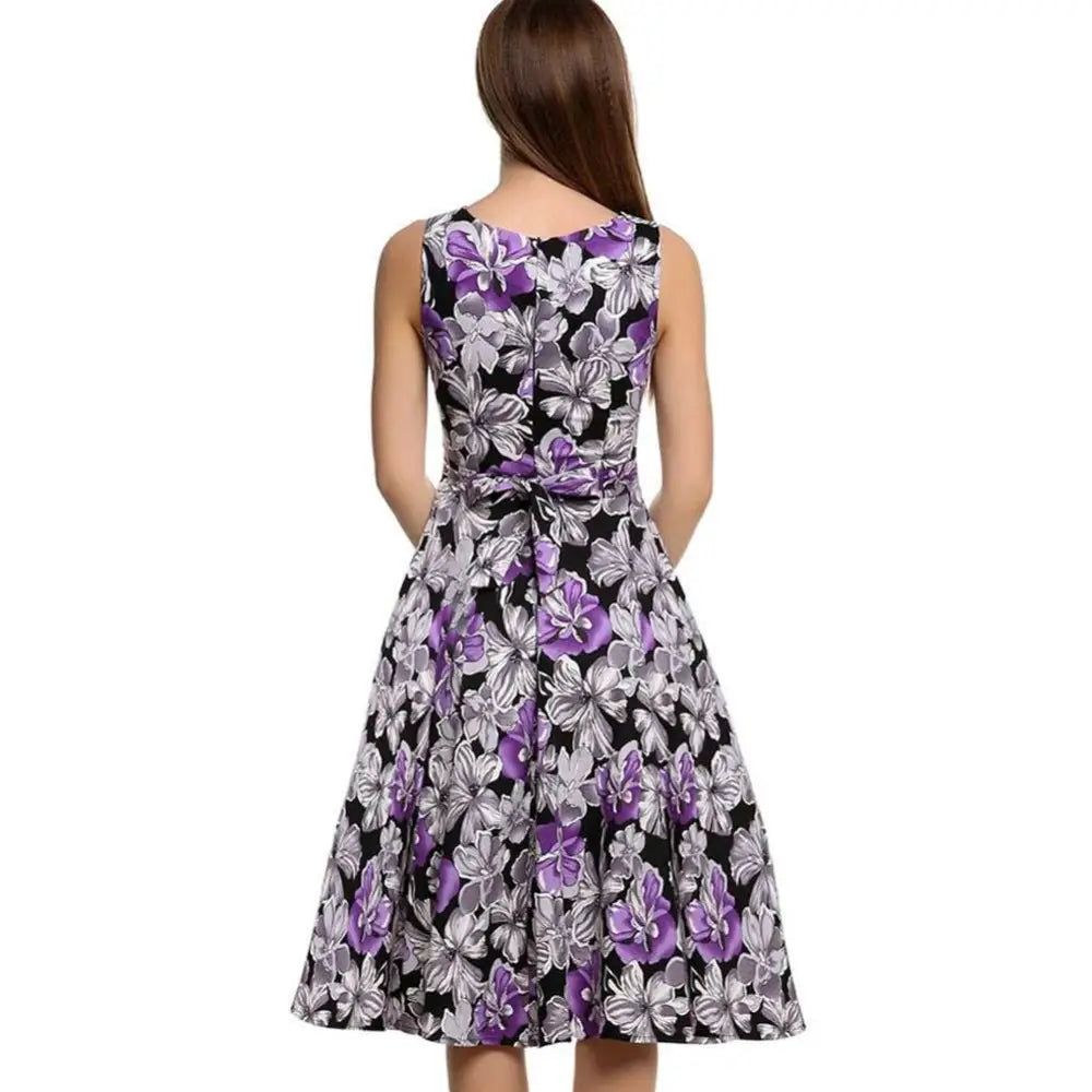 Purple Floral Sleeveless Vintage Print Dress