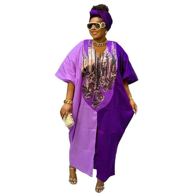 Purple Patterned Ethnic Style Loose Plus Size Dress