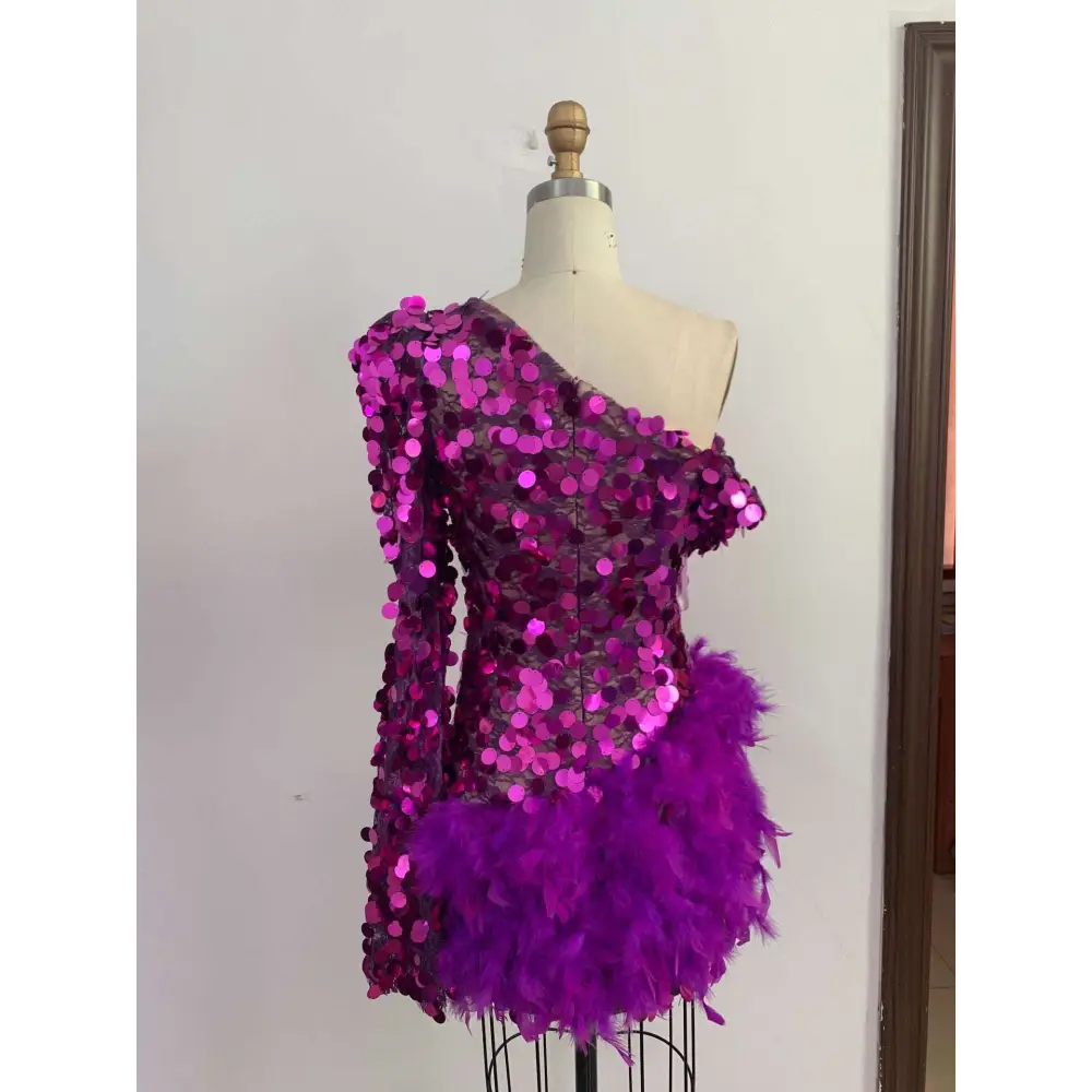 Purple Sequined Feather Sleeve Short Dress