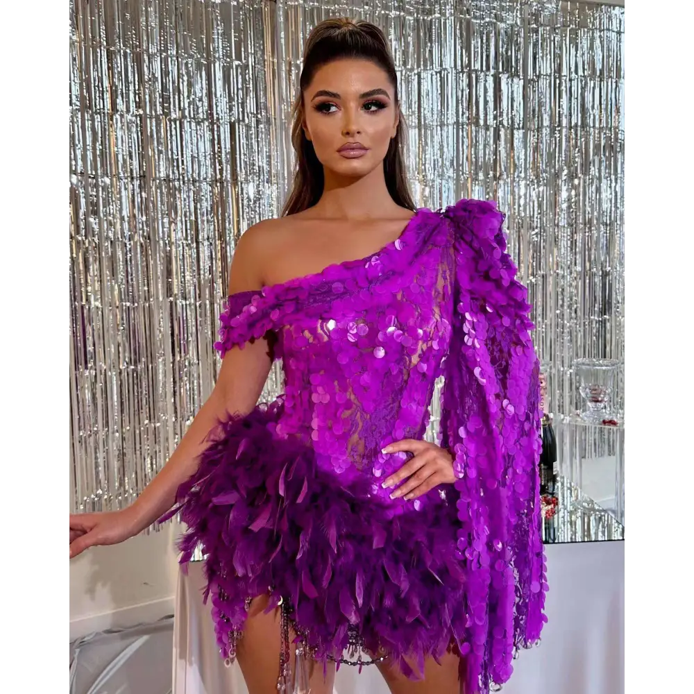 Purple Sequined Feather Sleeve Short Dress