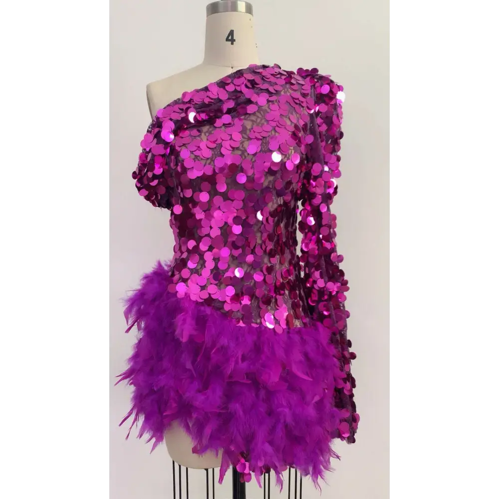 Purple Sequined Feather Sleeve Short Dress